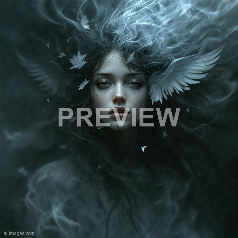 The image features a surreal and ethereal portrait of a woman with pale skin and striking, slightly glowing eyes. Her long, dark hair flows around her, blending seamlessly into a dark, smoky background. Unique white feathered wings or feather-like structures emerge from her head, and small white birds or feathers are scattered around, enhancing the mystical and dreamlike atmosphere.